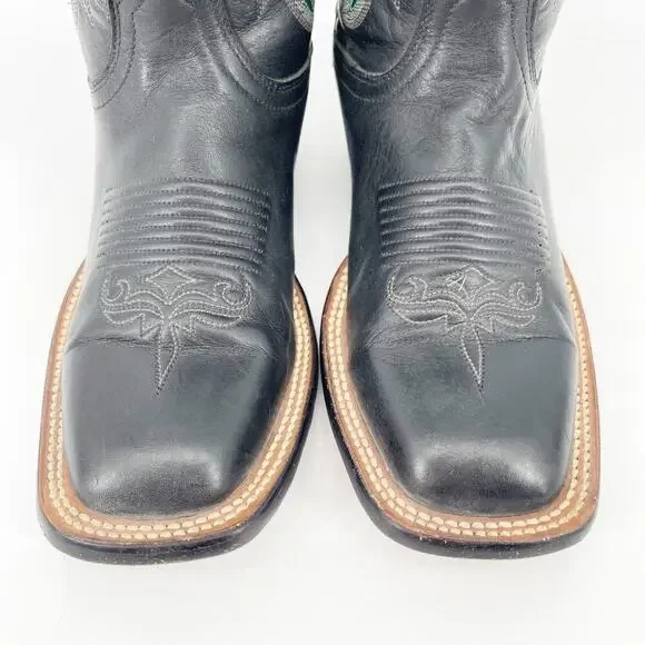 Lucchese Women’s 6 Black Leather Turquoise Stitching Square Toe Western Boots - Picture 6 of 11